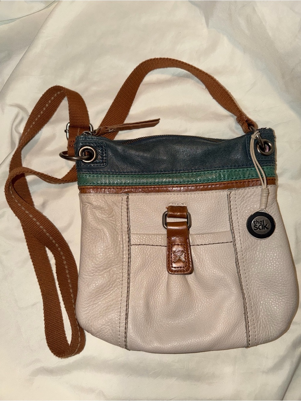 The Sak Cream Leather Crossbody with Blue & Brown Trim Vintage Y2K Leather